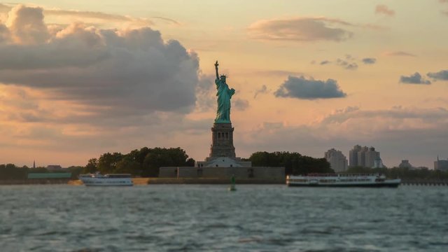 Statue of Liberty hyperlapse during sunset. NYC.