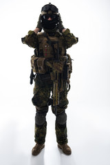 Full length portrait of puzzled defender keeping arms near ears. Protection concept