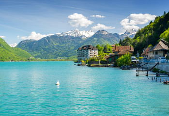 beautiful view on french Alps at lake Annecy, France - obrazy, fototapety, plakaty