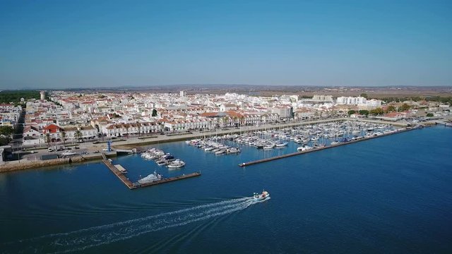 Aerial. Video from sky river Guadiana village Vila Real Santo Antonio. Portugal