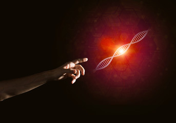 Science medicine and technology concepts as DNA molecule on dark background with connection lines