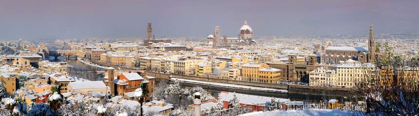 Beautiful and scenic cityscape of Florence in Italy after a snowfall. Winter season. Italy.