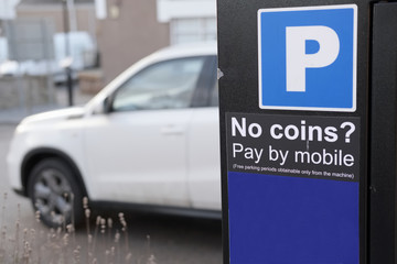 car park ticket machine pay by mobile phone no coins change required for quick and easy payment or credit card telephone for help or assistance