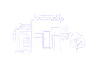 Colorful drawn abstract transparent silhouette of houses and trees on white background, isolated cartoon illustration of city painted by white pencil paper chalk, high quality