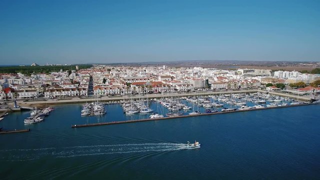 Aerial. Video from sky river Guadiana village Vila Real Santo Antonio. Portugal