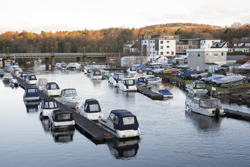 Boat marina on river Leven Loch Lomond at sunrise early morning