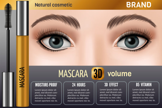 Waterproof mascara design picture for advertising use of company. Vector 3d illustration.