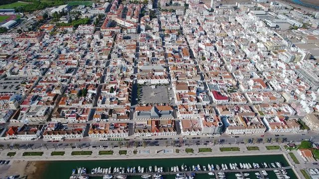 Aerial. View from the sky of village of Vili Real Santo Antonio and the Guadiana River.