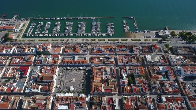 Aerial. View from the sky of village of Vili Real Santo Antonio and the Guadiana River.