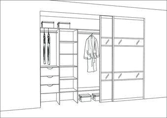 3D vector sketch. Wardrobe in the interior. Big modern wardrobe with folded and hanging clothes. Home Interior Design Software Programs. Lines, projection, construction, appliances, decorations, shop.