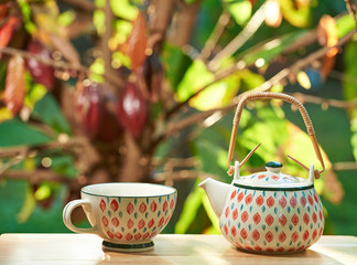 Colorful tea cup with pot