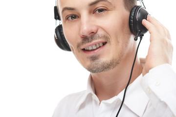 Smiling man in call center