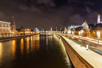 Fototapeta na wymiar Illuminated Moscow Kremlin and Moscow river in winter