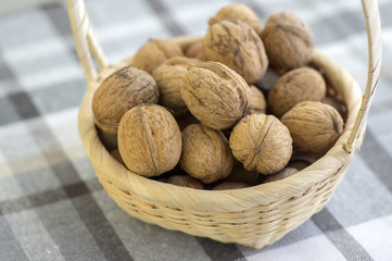 Walnuts in hard shells, pile on checkered tablecloth in creel