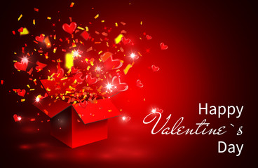Open Red Gift Box and Confetti. Valentine`s Background. Vector Illustration