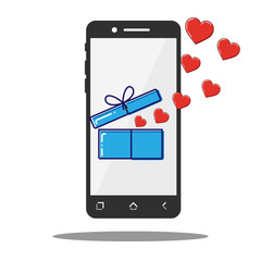 Flat line icon phone with Open box and hearts, Valentine gift. Vector