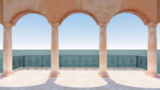 3d Render Sea View Roman Arch Style Classic Balcony