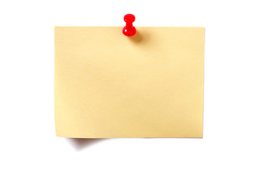 Yellow sticky oblong post it note one single with pushpin curled corner with shadow isolated on white background photo