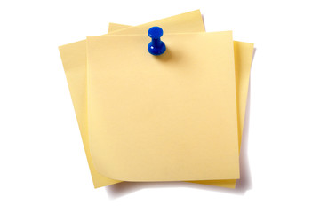 Untidy pinned stack pile square yellow sticky post it note with pushpin isolated on white background photo