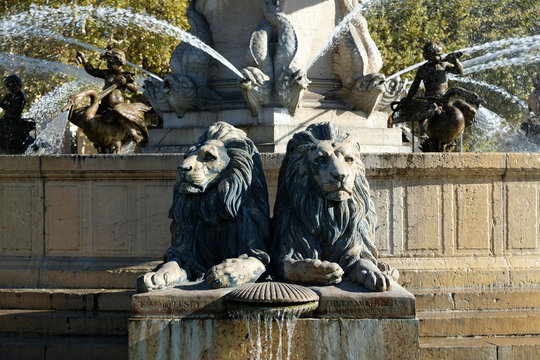 Famous historic rotonde fountain with lion statue tourist sight aix-en-provence aix en provence france photo