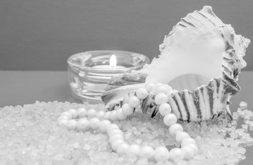 Obraz na płótnie Canvas Bath accessories. Pearls inside the seashell over the sea salt in black and white