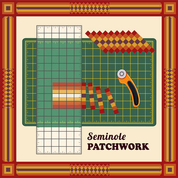 Patchwork DIY, Cutting Mat, Quilters Ruler, Rotary Blade Cutter, Traditional Seminole Strip Piece Pattern  Frame, reorganize strips into designs, for crafts, sewing, quilting, do it yourself projects.