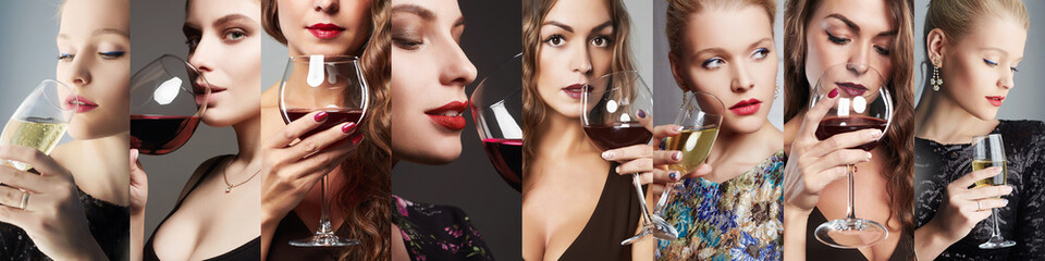collage of women drink wine. beautiful girls