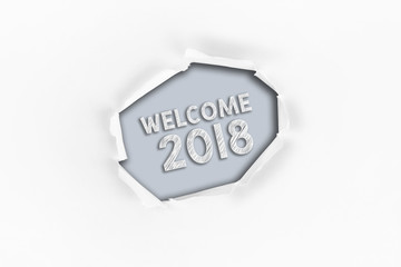 Torn paper with a WELCOME 2018 word on red background.