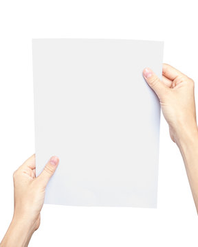 Female hands holding paper sheet. Isolated on white
