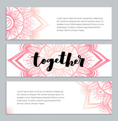 Abstract mandala banner design. Vector creative illustration with oriental boho elements. Pastel color theme flyers template.