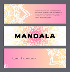 Abstract mandala banner design. Vector creative illustration with oriental boho elements. Pastel color theme flyers template.