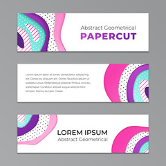 Abstract geometrical papercut design template. Lines and dots with ultraviolet, pink and turquoise paper layers 3d effect. Trendy ultraviolet three horizontal banners.