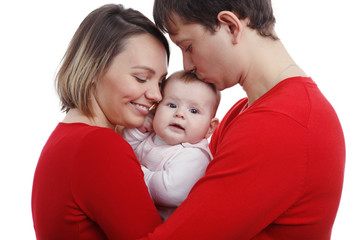 Close up of parents cuddling adorable baby. Image isolated against white background