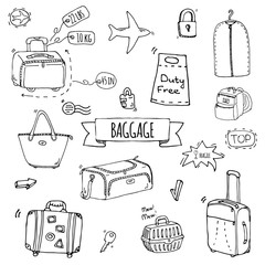Hand drawn doodle Baggage icons set. Vector illustration. Different types of baggage. Large and small suitcase, hand luggage, backpack, carrying animals, crate, handbag, tag. Sketch cartoon style.