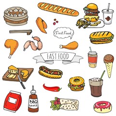 Hand drawn doodle Fast food icons set. Vector illustration. Junk food elements collection. Cartoon snack various sketch symbol: soda, burger, potato,hot dog, pizza, tacos, sweet desert, donut, popcorn
