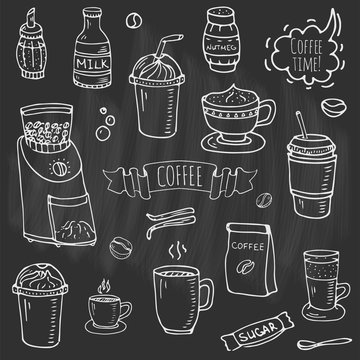 Hand drawn doodle Coffee time icon set Vector illustration isolated drink symbols collection Cartoon various beverage element: mug, cup, espresso, americano, irish, decaf, mocha, coffee making machine