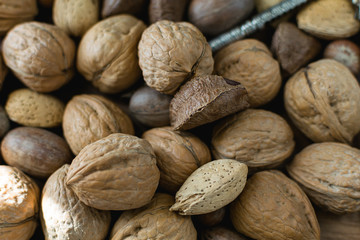 Mixed nuts background in shell.   Variety of nuts with nut cracker.