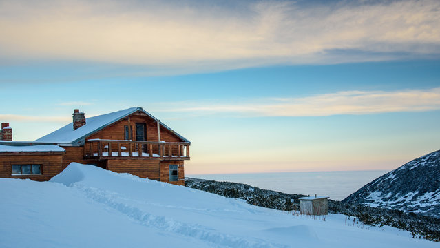 Wooden cabin on a mountain top - Musala hut in Rila mountain, Bulgaria - 2389m - beautiful place for a winter adventure 
