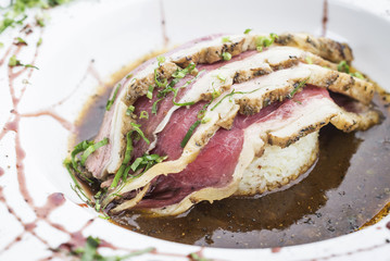 gourmet cuisine roast beef in traditional gravy sauce meal