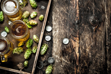 Fresh beer in glasses with green hops on an old tray.
