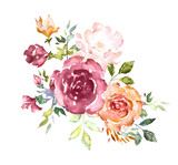 Watercolor flowers. Hand painted floral illustration. Bouquet of flowers pink rose, leaves and buds. Design arrangement for textile or greeting card. Abstraction  branch of flowers 