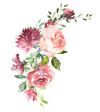 Watercolor flowers. Hand painted floral illustration. Bouquet of flowers pink rose, leaves and buds. Design arrangement for textile or greeting card. Abstraction  branch of flowers 