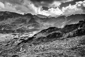 Five lakes valley in High Tatra Mountains in black and white
