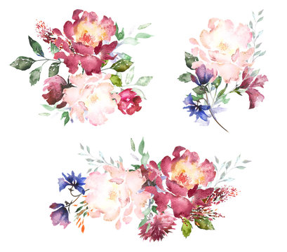 Set Watercolor flowers. Hand painted floral illustration. Bouquet of flowers pink rose, leaves and buds. Design arrangements for textile or greeting card. Abstraction  branch of flowers 