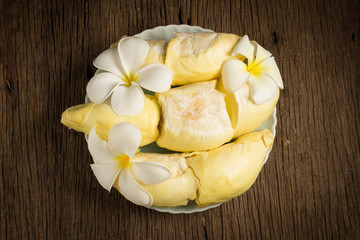 durian peeled ripe. King of fruit Thailand on the wooden table floor