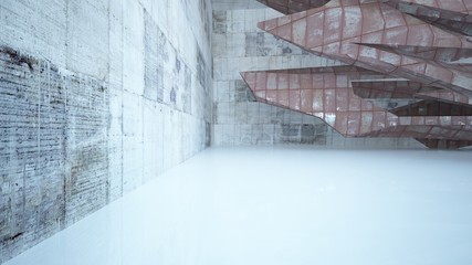 Empty abstract room interior of sheets rusted metal and beige concrete. Architectural background. 3D illustration and rendering