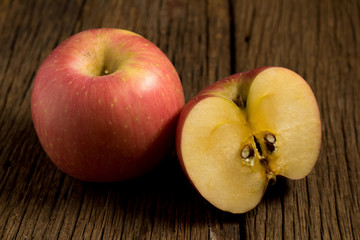 apple on old wooden. morning