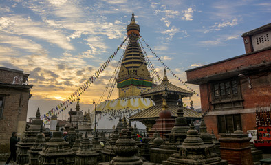 Background of the famous Swayambhunath Stupa stupa with eyes the landmark of Kathmandu valley on...