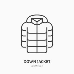 Down jacket flat line icon. Cold weather clothing sign. Thin linear logo for apparel shop.