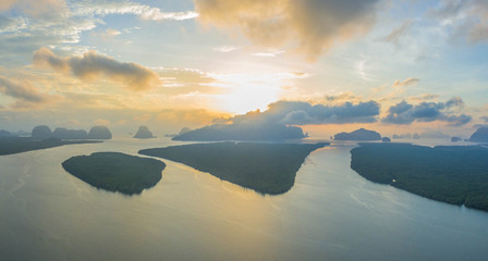 panorama sunrise above the group of islands in Andaman sea